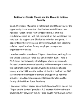 Testimony: Climate Change and the Threat to National Security