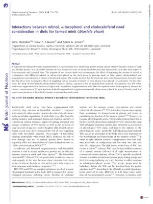 Interactions Between Retinol, Α-Tocopherol and Cholecalciferol Need Consideration in Diets for Farmed Mink (Mustela Vison)