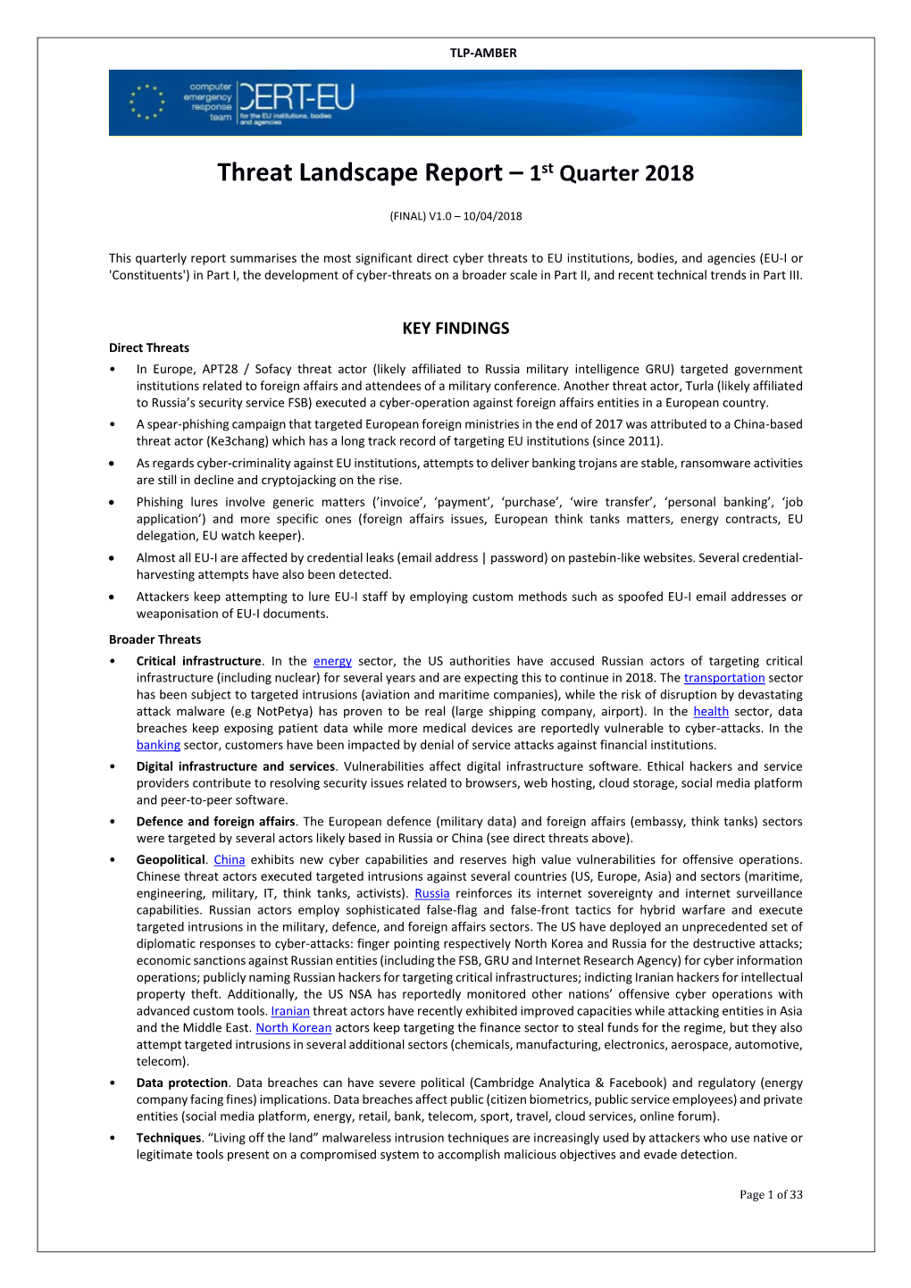 Threat Landscape Report – 1St Quarter 2018