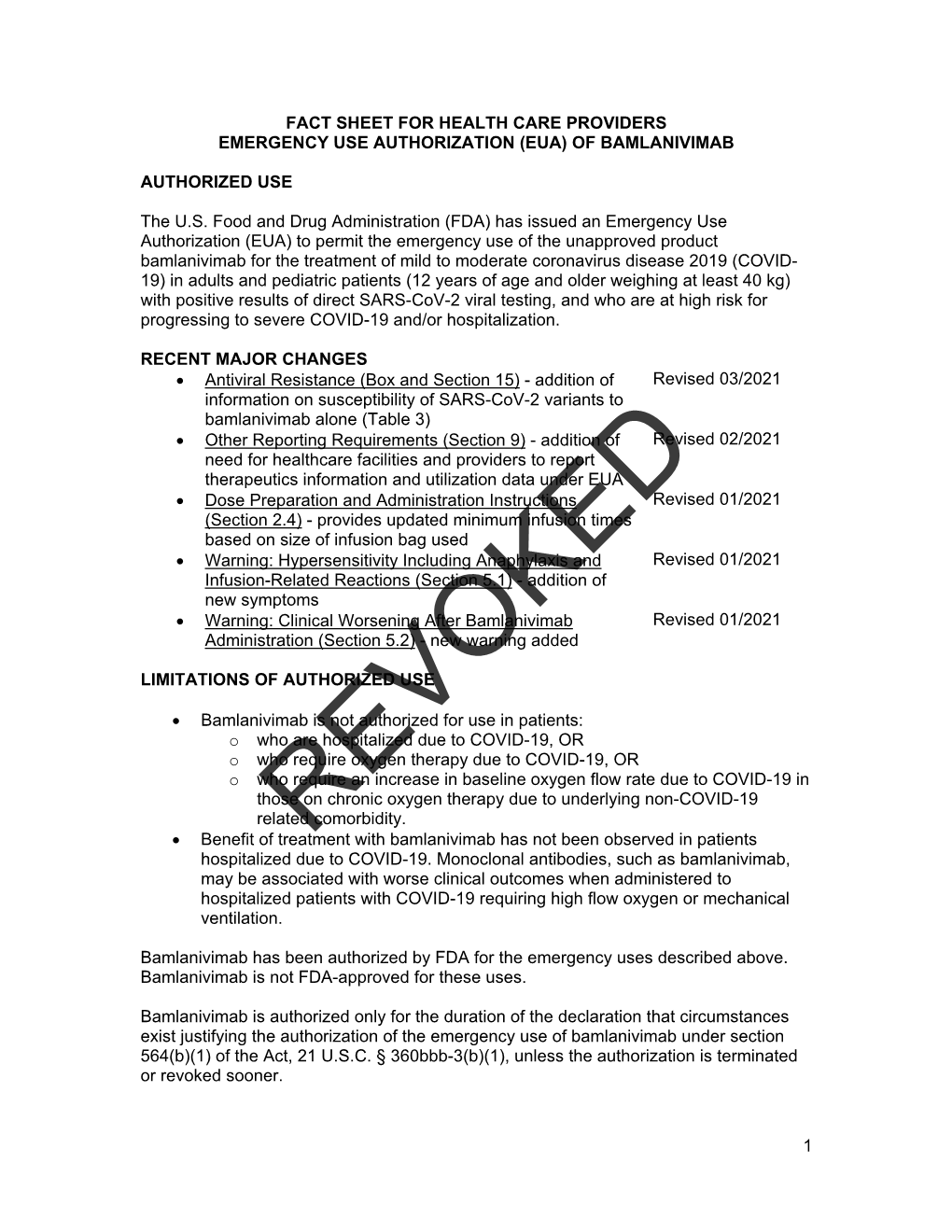 Fact Sheet for Health Care Providers Emergency Use Authorization (Eua) of Bamlanivimab