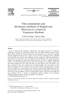 Fish Communities and Life History Attributes of English Sole (Pleuronectes Vetulus)In Vancouver Harbour