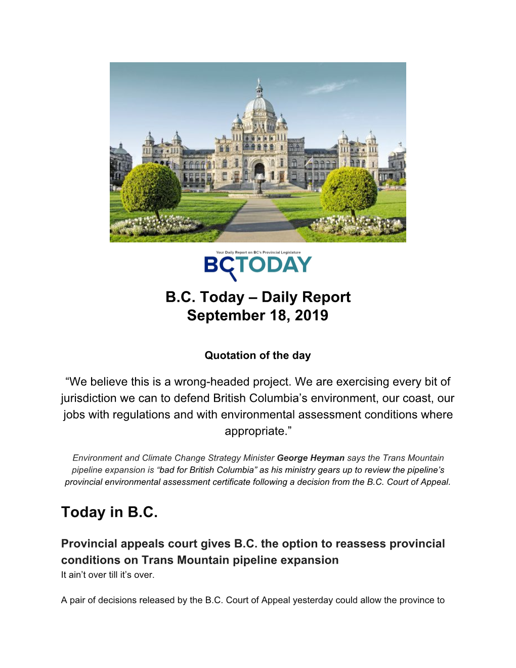 Daily Report September 18, 2019 Today in BC