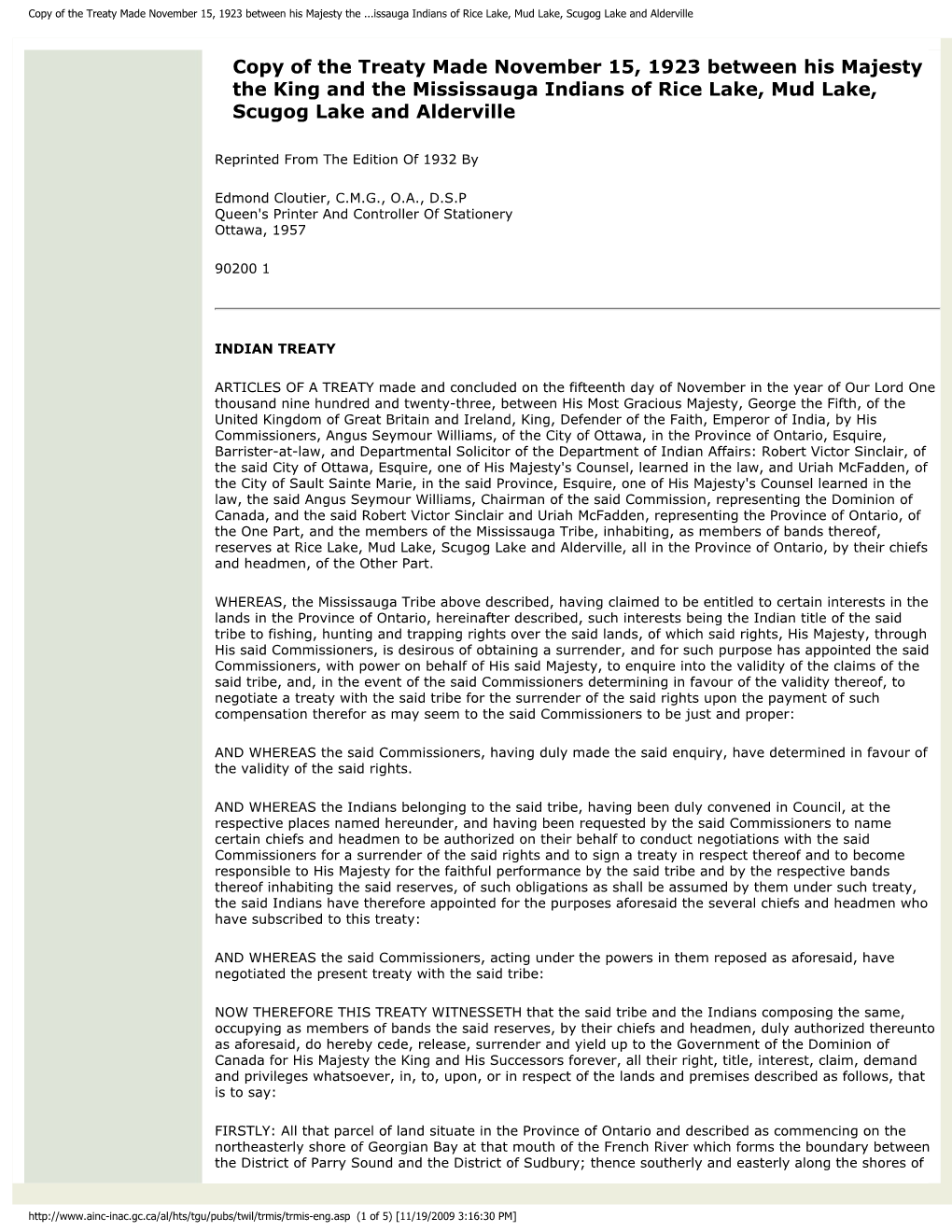 Copy of the Treaty Made November 15, 1923 Between His Majesty the ...Issauga Indians of Rice Lake, Mud Lake, Scugog Lake and Alderville