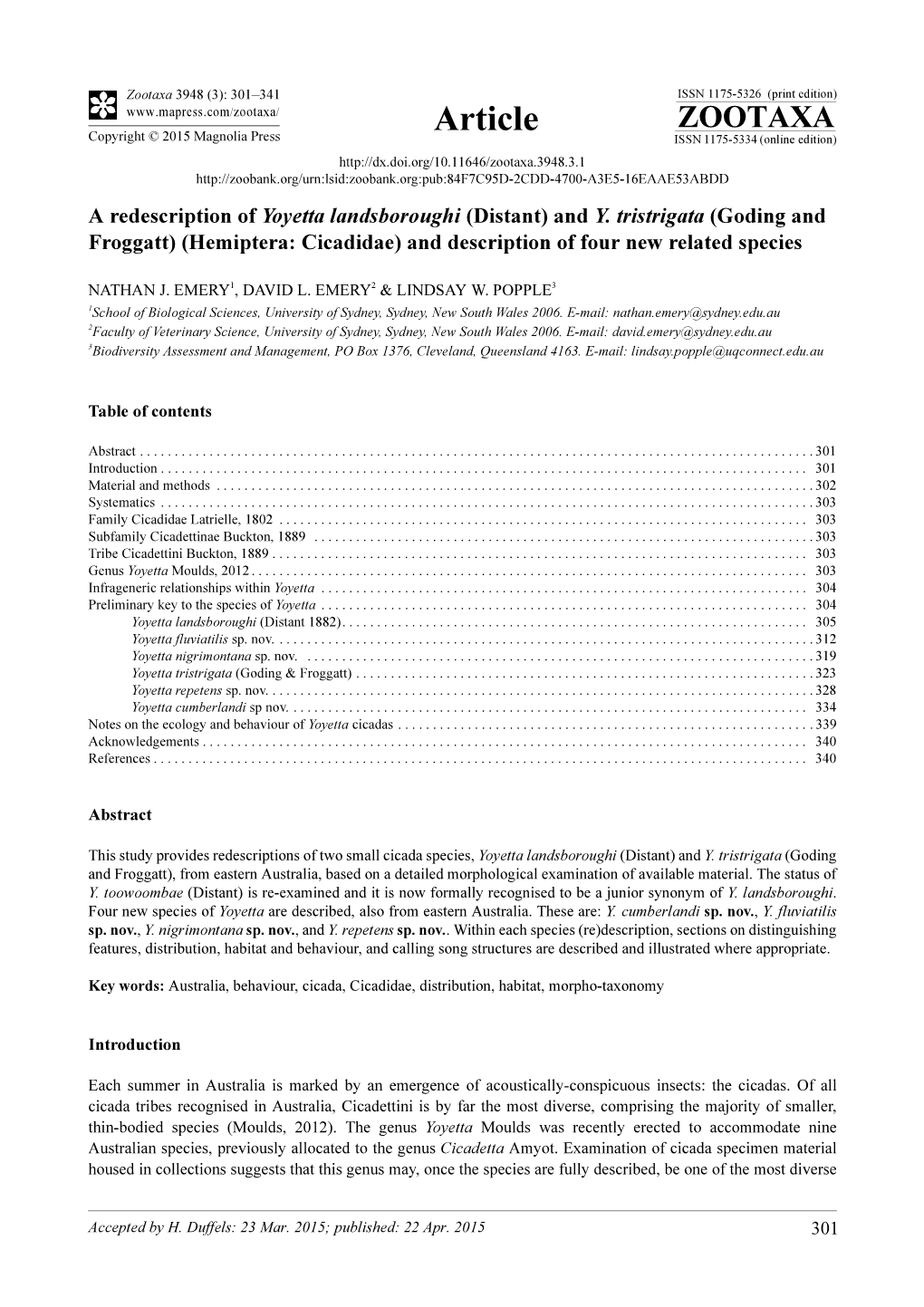 And Y. Tristrigata (Goding and Froggatt) (Hemiptera: Cicadidae) and Description of Four New Related Species