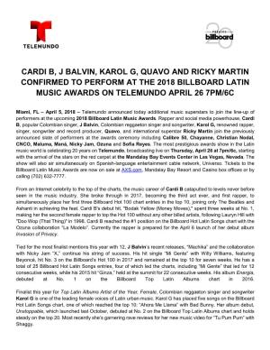Cardi B, J Balvin, Karol G, Quavo and Ricky Martin Confirmed to Perform at the 2018 Billboard Latin Music Awards on Telemundo April 26 7Pm/6C