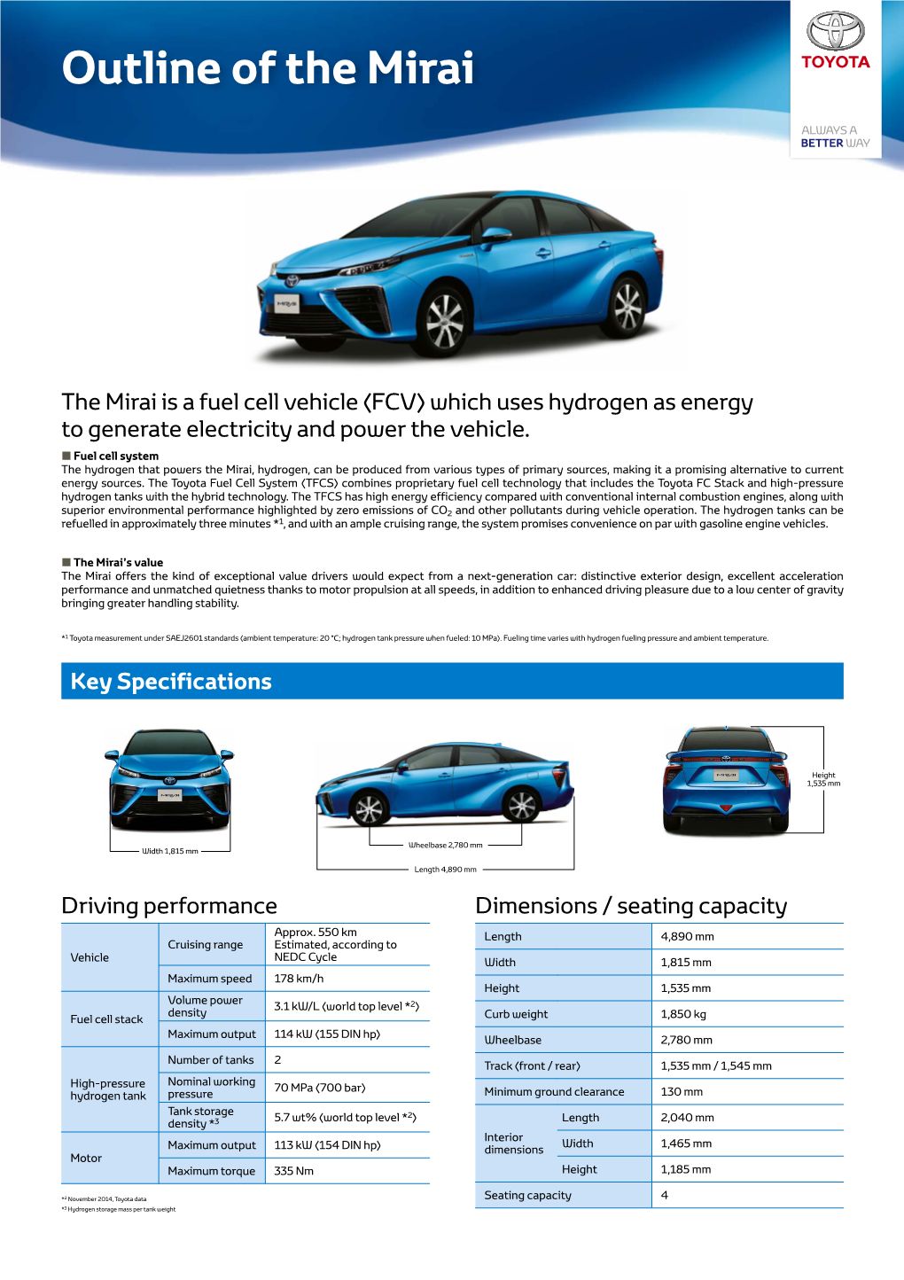 Key Specifications the Mirai Is a Fuel Cell Vehicle (FCV) Which Uses