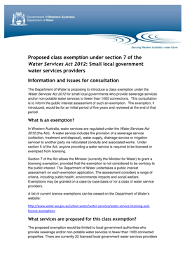 Proposed Class Exemption Under Section 7 of the Water Services Act 2012 : Small Local Government Water Services Providers Information and Issues for Consultation