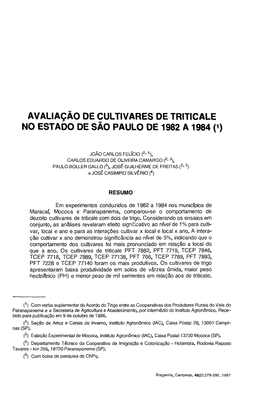 Avaliação De Cultivares De Triticale No Estado De São Paulo De 1982 a 1984 (*)