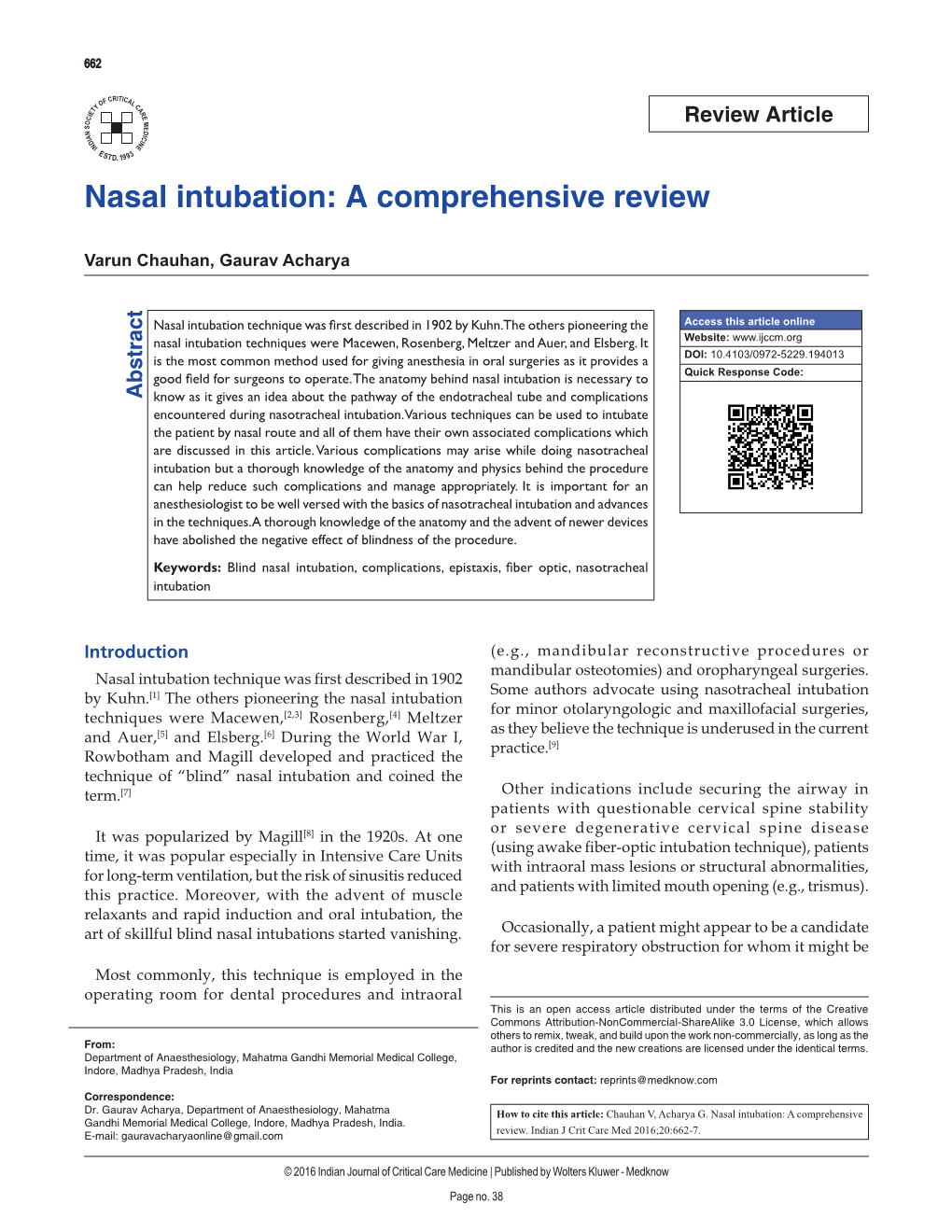 Nasal Intubation: a Comprehensive Review