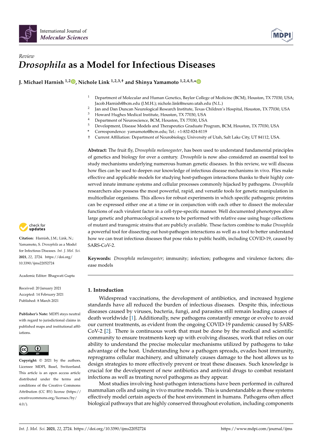 Drosophila As a Model for Infectious Diseases