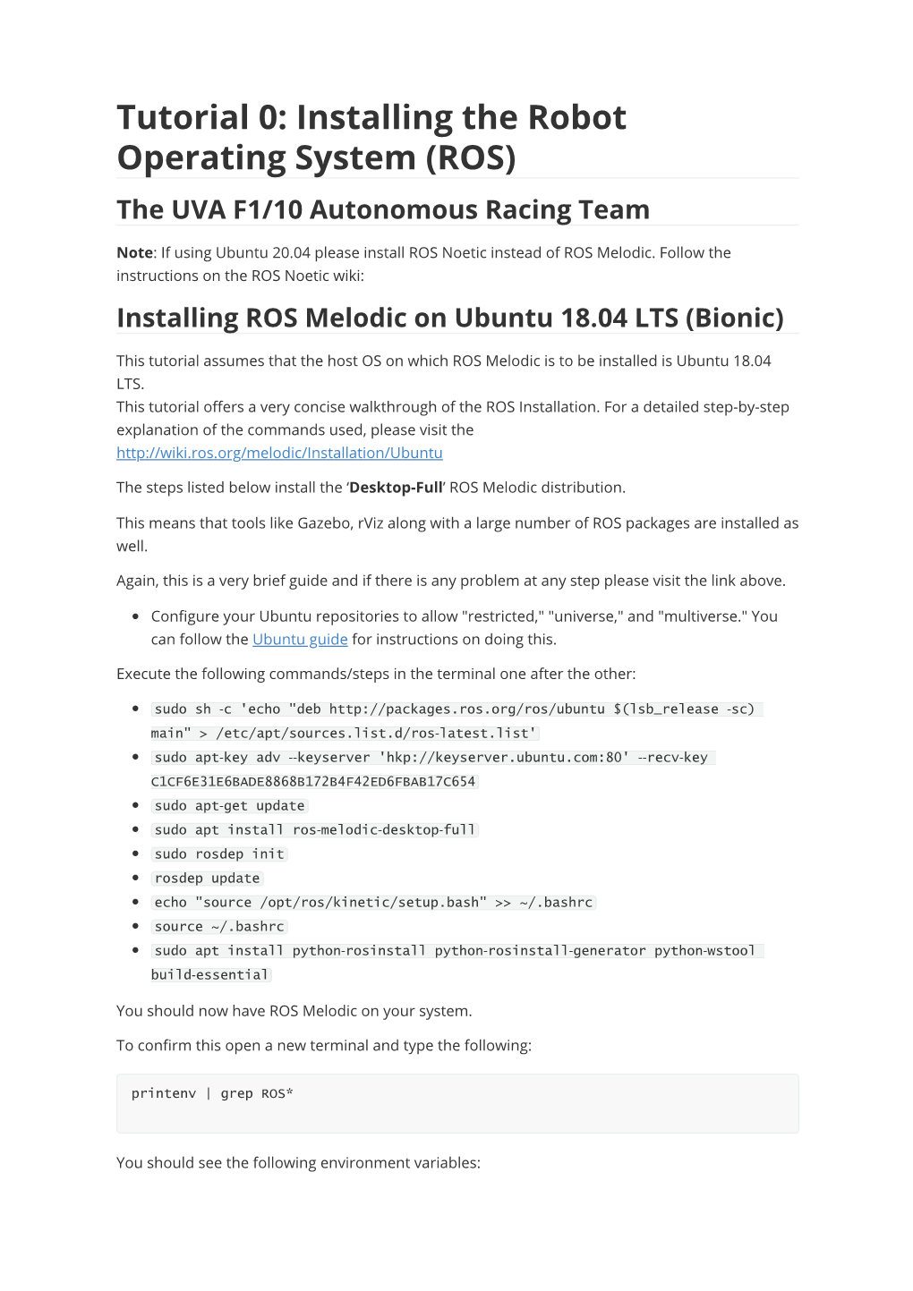 Tutorial 0: Installing the Robot Operating System (ROS) the UVA F1/10 Autonomous Racing Team