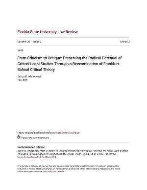 Preserving the Radical Potential of Critical Legal Studies Through a Reexamination of Frankfurt School Critical Theory