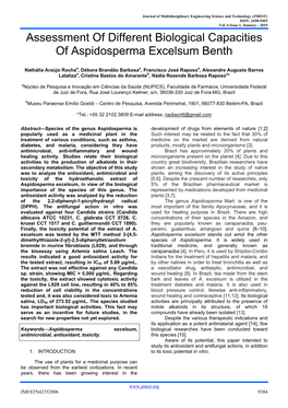 Assessment of Different Biological Capacities of Aspidosperma Excelsum Benth