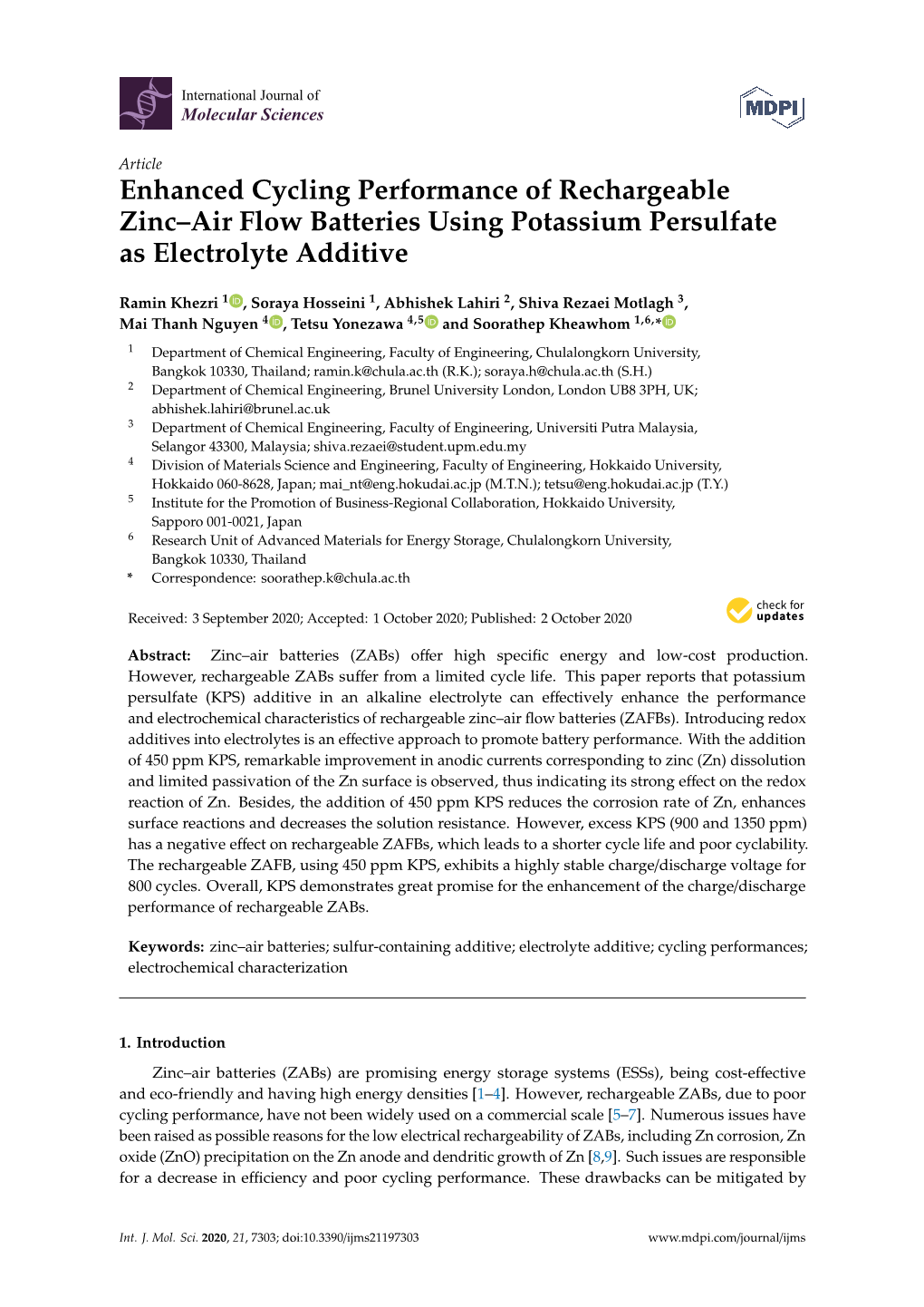 Enhanced Cycling Performance of Rechargeable Zinc–Air Flow Batteries Using Potassium Persulfate As Electrolyte Additive