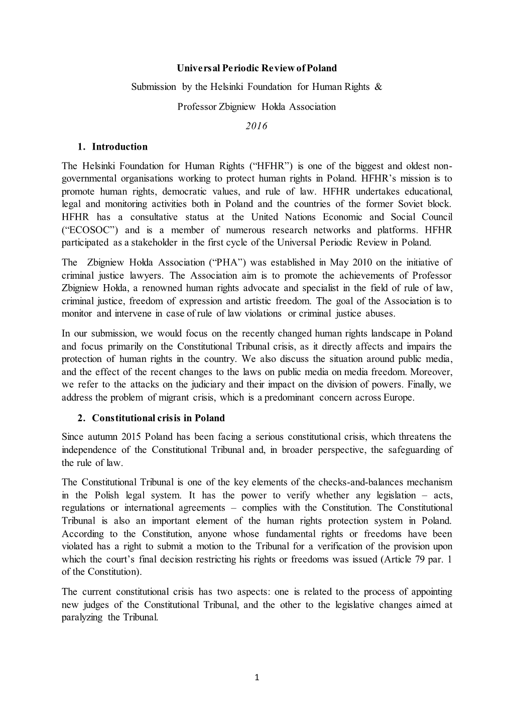 Universal Periodic Review of Poland Submission by the Helsinki Foundation for Human Rights & Professor Zbigniew Hołda Association 2016