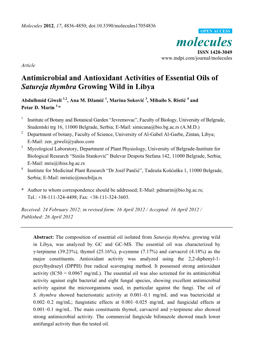 Antimicrobial and Antioxidant Activities of Essential Oils of Satureja Thymbra Growing Wild in Libya