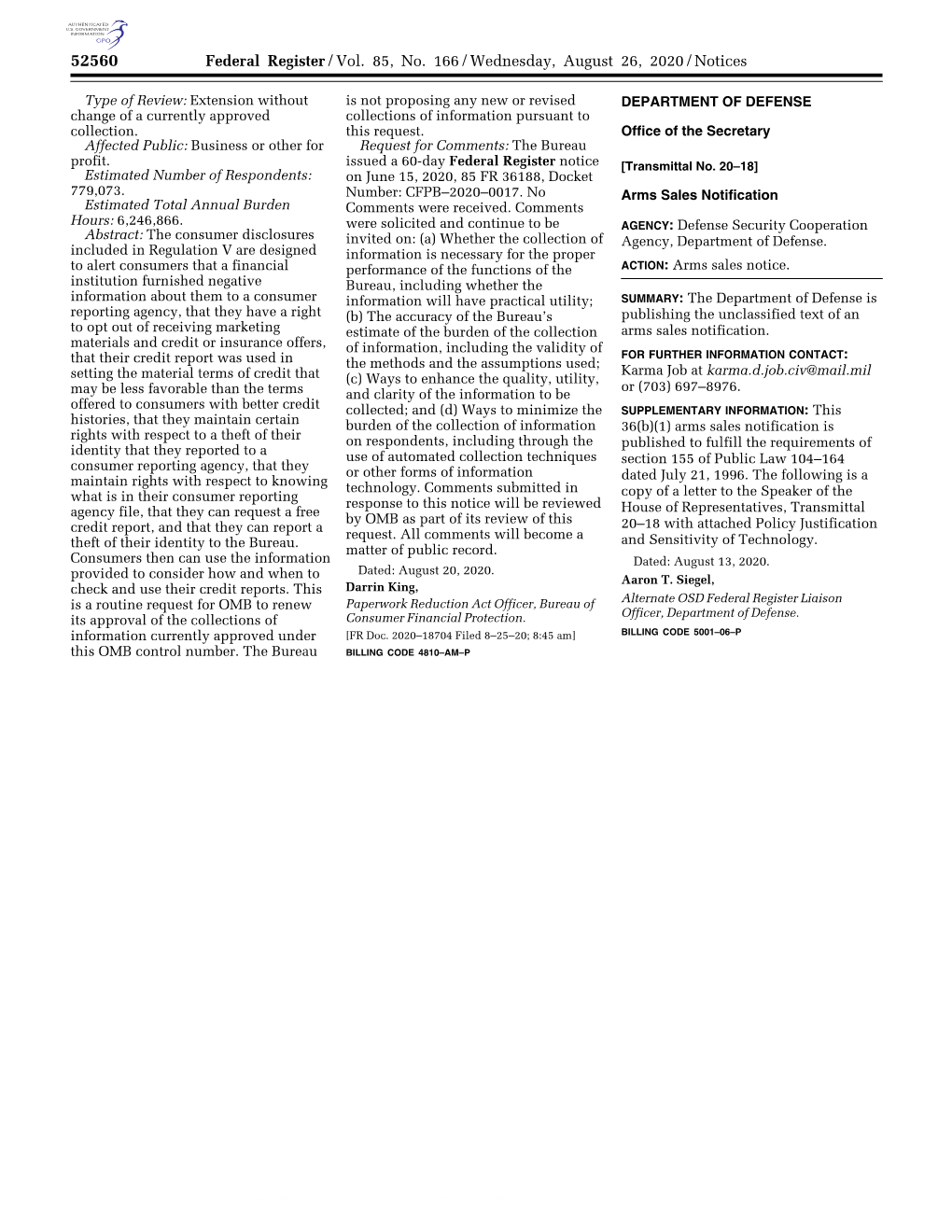 Federal Register/Vol. 85, No. 166/Wednesday, August 26, 2020