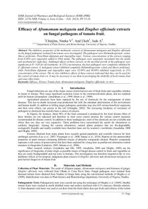 Efficacy of Aframomum Melegueta and Zingiber Officinale Extracts on Fungal Pathogens of Tomato Fruit