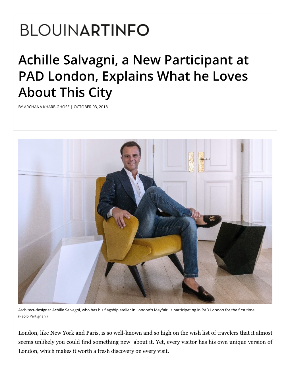 Achille Salvagni, a New Participant at PAD London, Explains What He Loves About This City