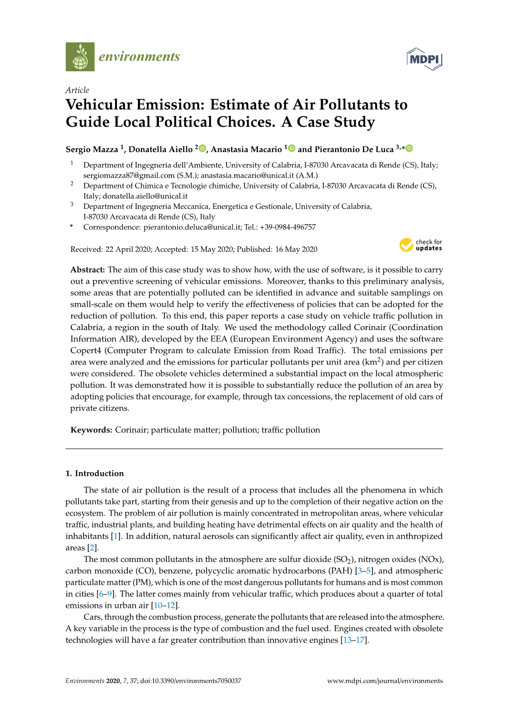 Vehicular Emission: Estimate of Air Pollutants to Guide Local Political Choices