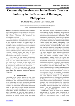 Community Involvement in the Beach Tourism Industry in the Province of Batangas, Philippines Dr