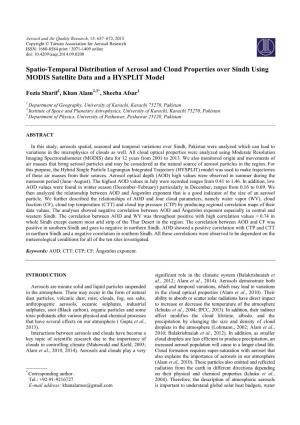 Spatio-Temporal Distribution of Aerosol and Cloud Properties Over Sindh Using MODIS Satellite Data and a HYSPLIT Model