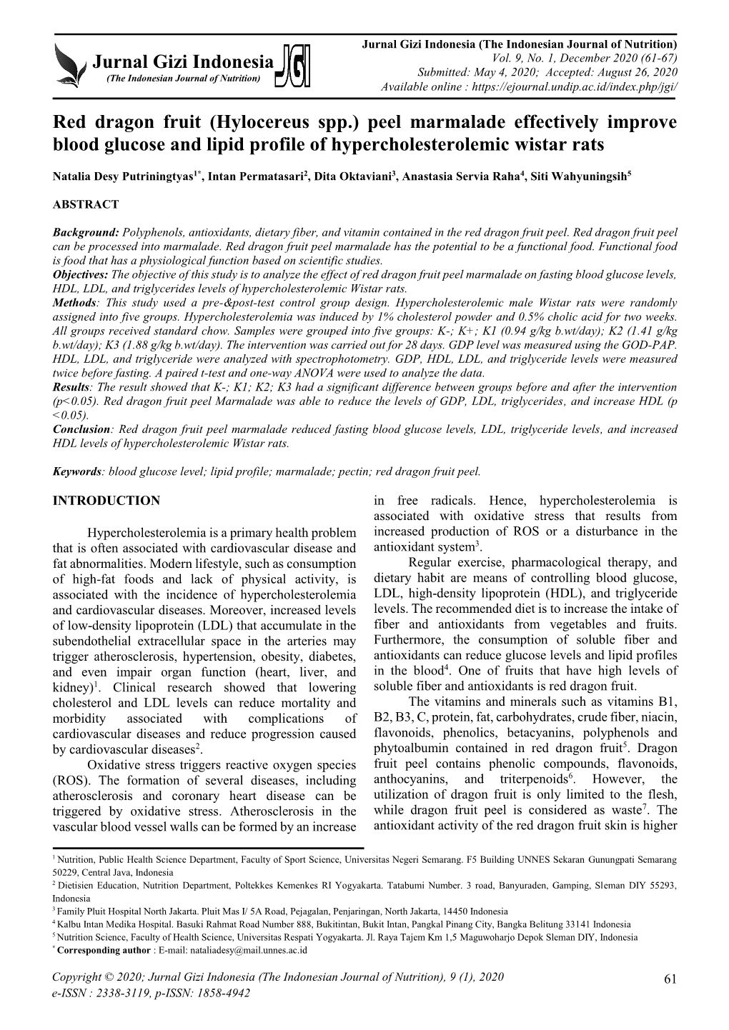 Red Dragon Fruit (Hylocereus Spp.) Peel Marmalade Effectively Improve Blood Glucose and Lipid Profile of Hypercholesterolemic Wistar Rats