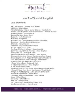 Jazz Trio/Quartet Song List