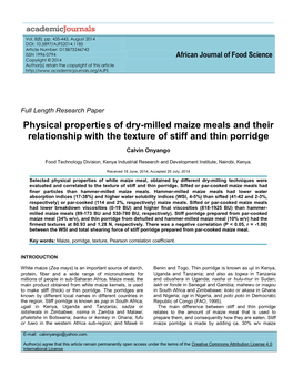 Physical Properties of Dry-Milled Maize Meals and Their Relationship with the Texture of Stiff and Thin Porridge