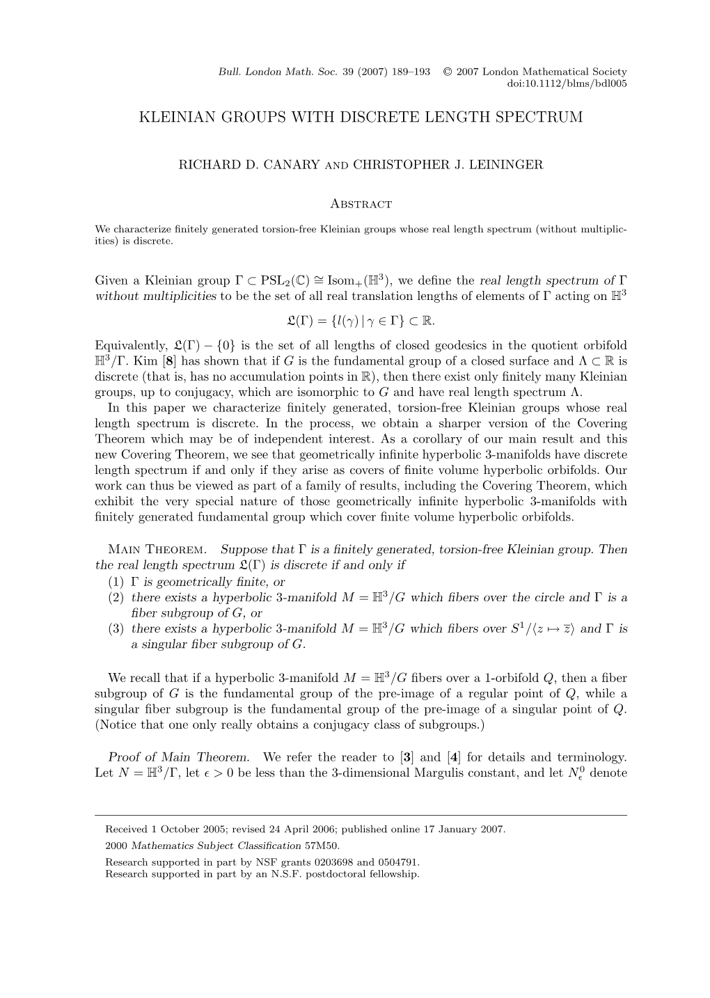 Kleinian Groups with Discrete Length Spectrum<Link Href=