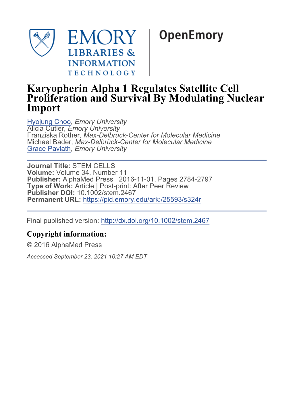 Karyopherin Alpha 1 Regulates Satellite Cell Proliferation And