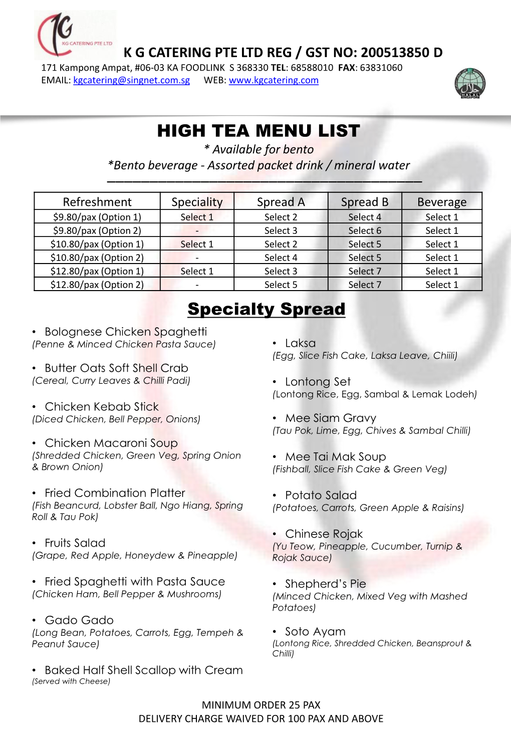 High Tea Menu List