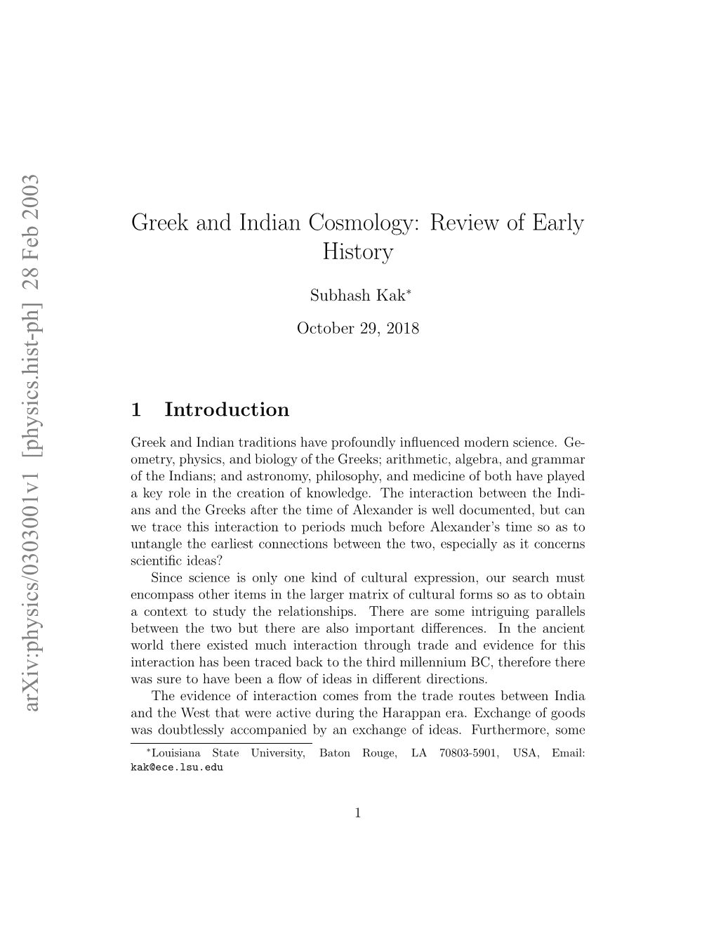 Greek and Indian Cosmology: Review of Early History