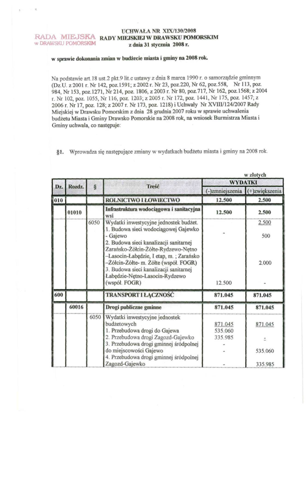 UCHWAŁA NR X1X/130/2008 a RADY MIEJSKIEJ W DRAWSKU POMORSKIM Z Dnia 31 Stycznia 2008 R