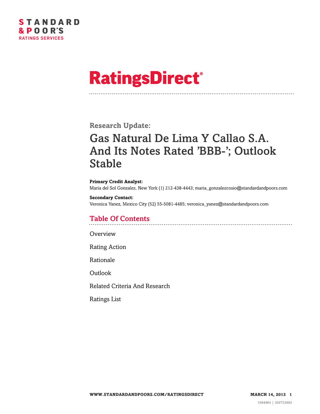 Gas Natural De Lima Y Callao S.A. and Its Notes Rated 'BBB-'; Outlook Stable