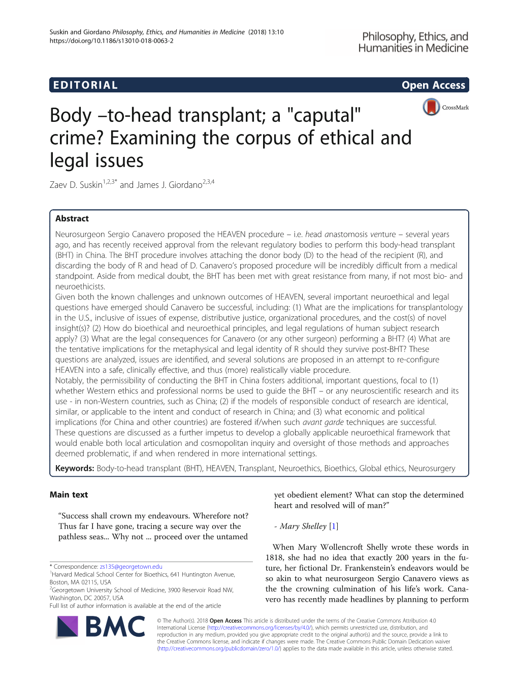 To-Head Transplant; a "Caputal" Crime? Examining the Corpus of Ethical and Legal Issues Zaev D