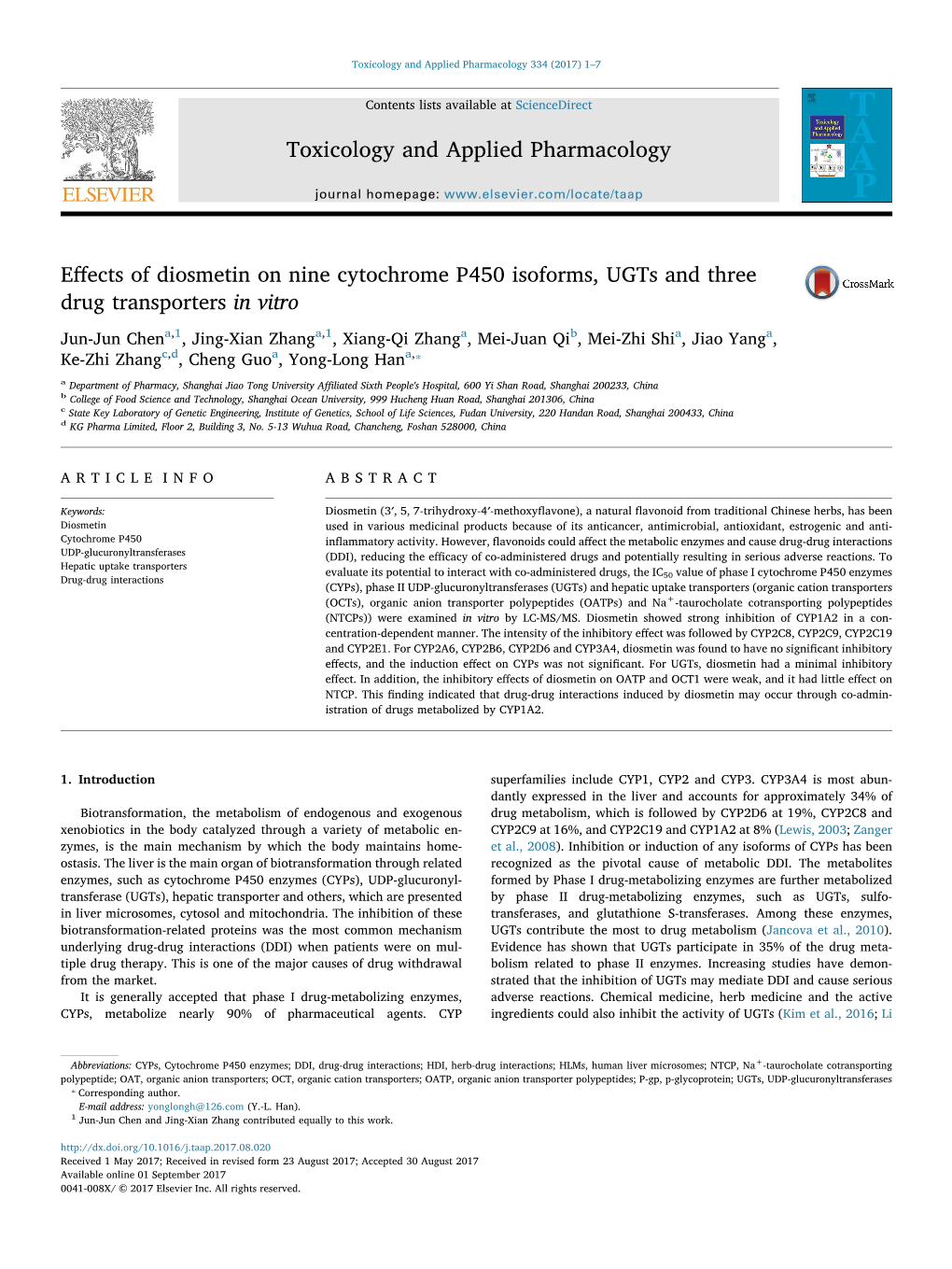 Effects of Diosmetin on Nine Cytochrome P450 Isoforms, Ugts