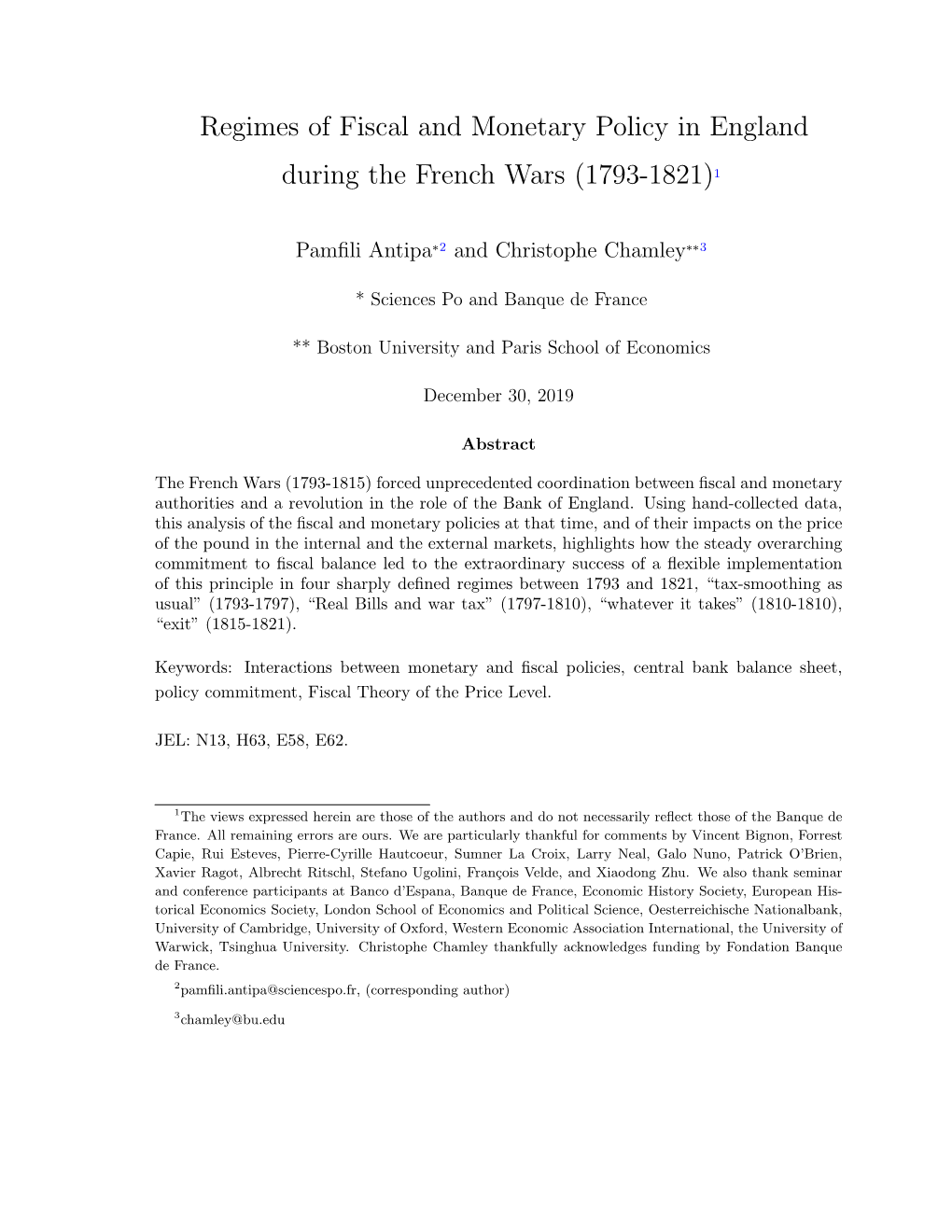 Regimes of Fiscal and Monetary Policy in England During the French