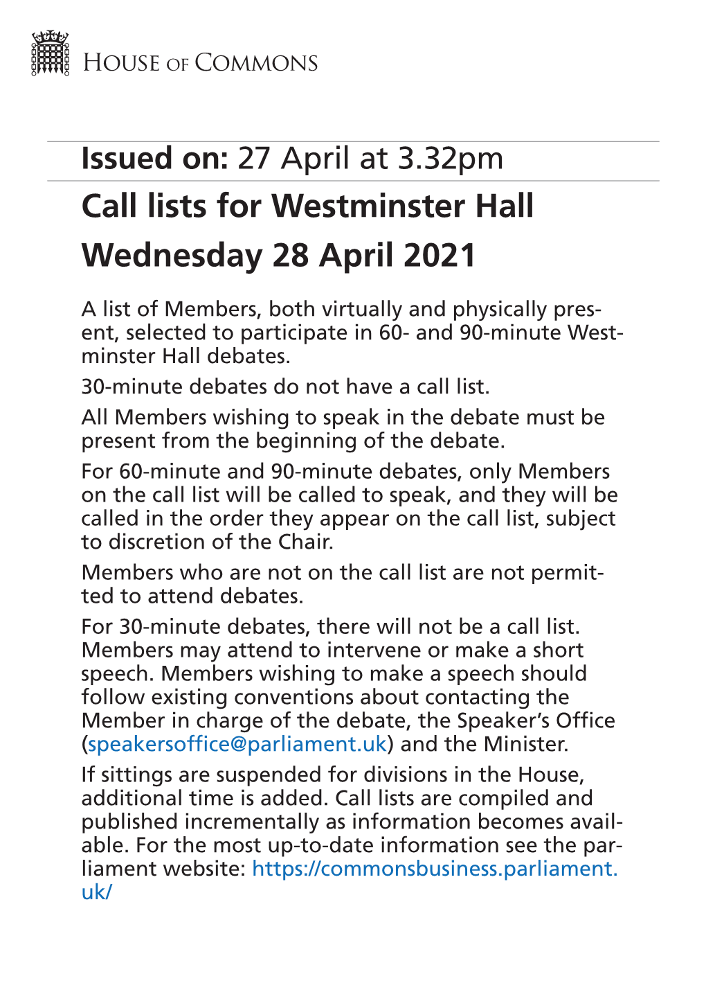 Westminster Hall Wednesday 28 April 2021