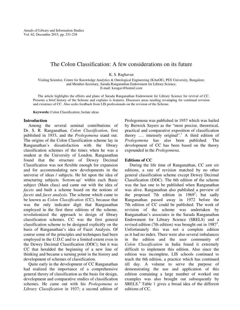 The Colon Classification: a Few Considerations on Its Future