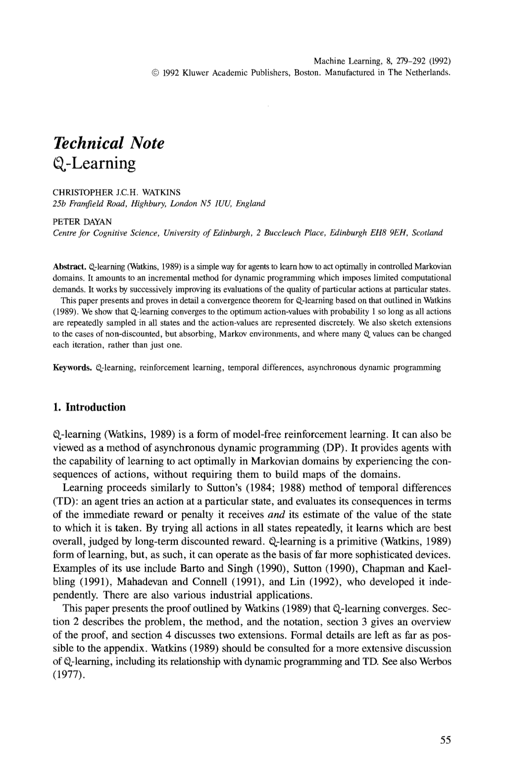 Technical Note Q-Learning