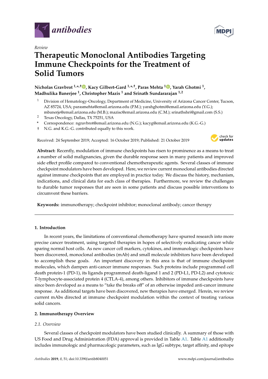 Therapeutic Monoclonal Antibodies Targeting Immune Checkpoints for the Treatment of Solid Tumors