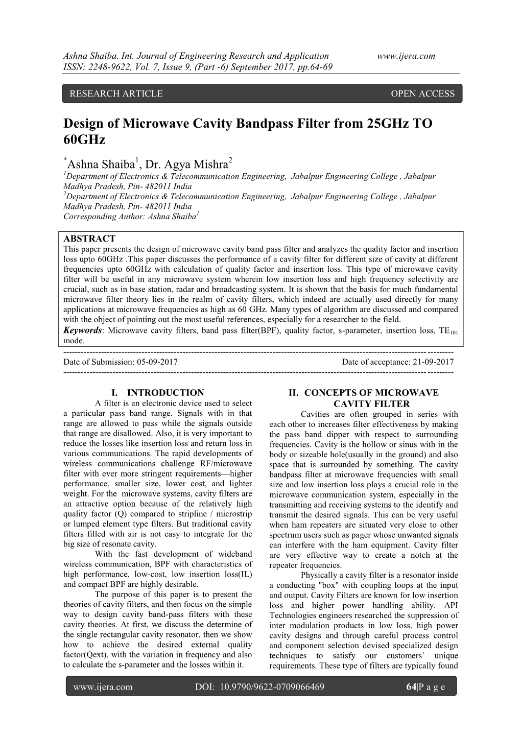 Design of Microwave Cavity Bandpass Filter from 25Ghz to 60Ghz