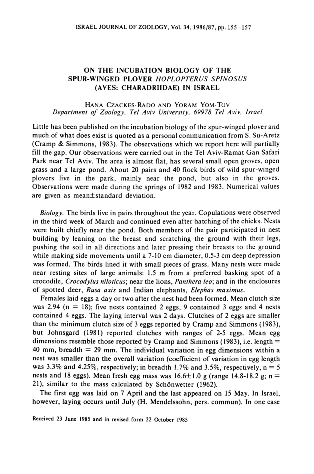 On the Incubation Biology of the Spur-Winged Plover Hoplopterus Spjnosus (Aves: Charadriidae) in Israel