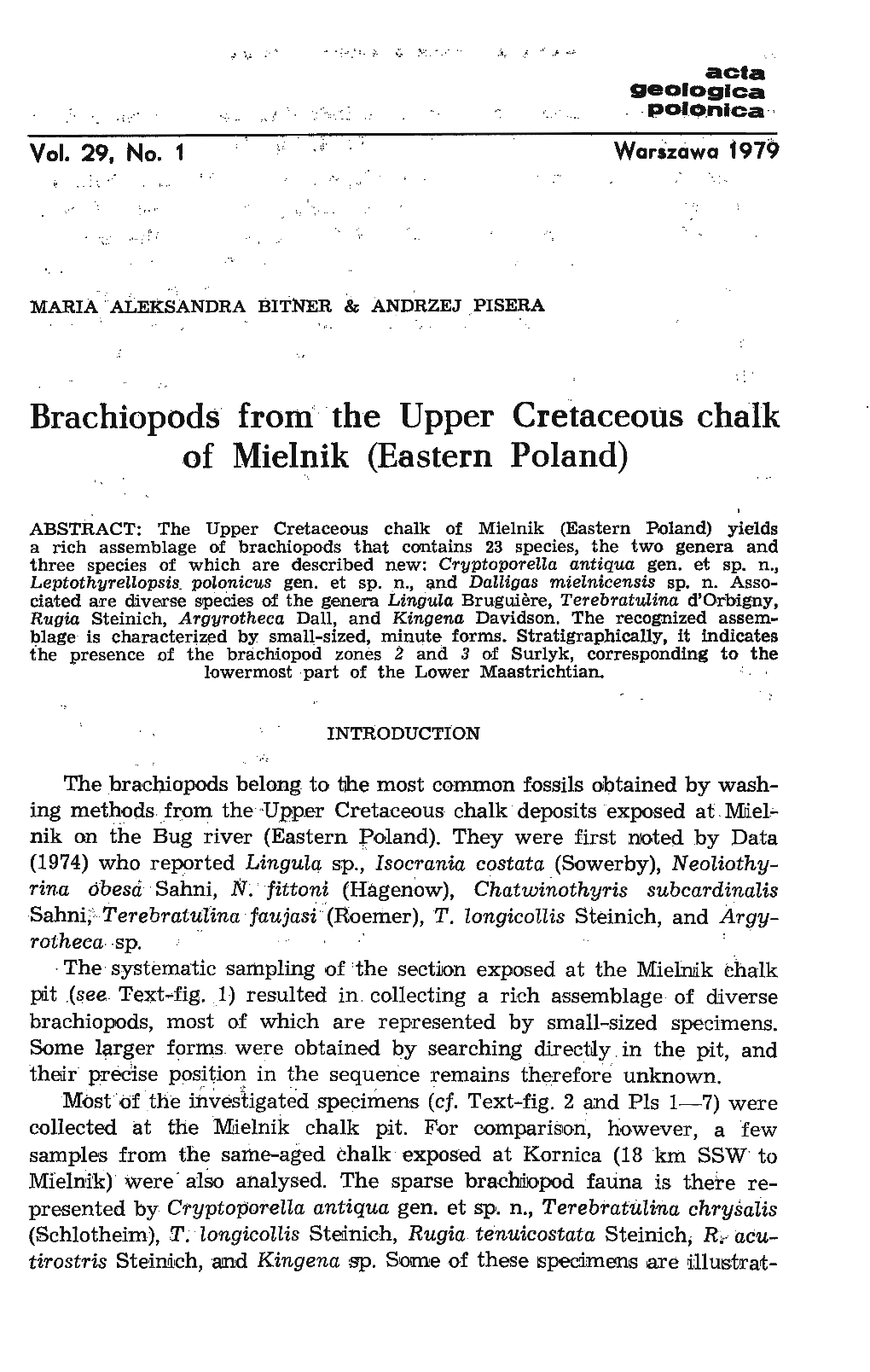 Brachiopods Fron}' -The Upper' Cretaceous Chalk of Miehlik (Eastern Poland)