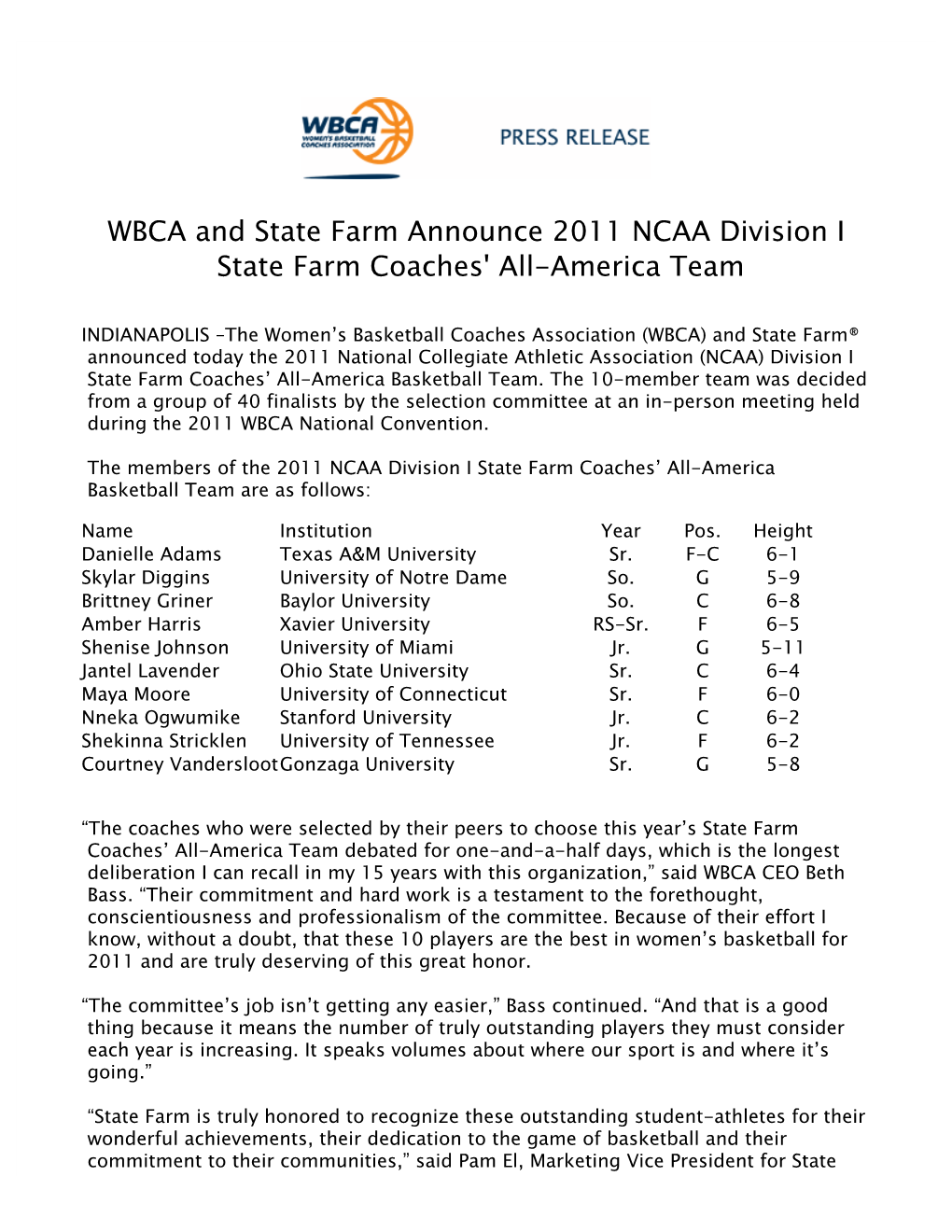 WBCA and State Farm Announce 2011 NCAA Division I State Farm Coaches' All-America Team