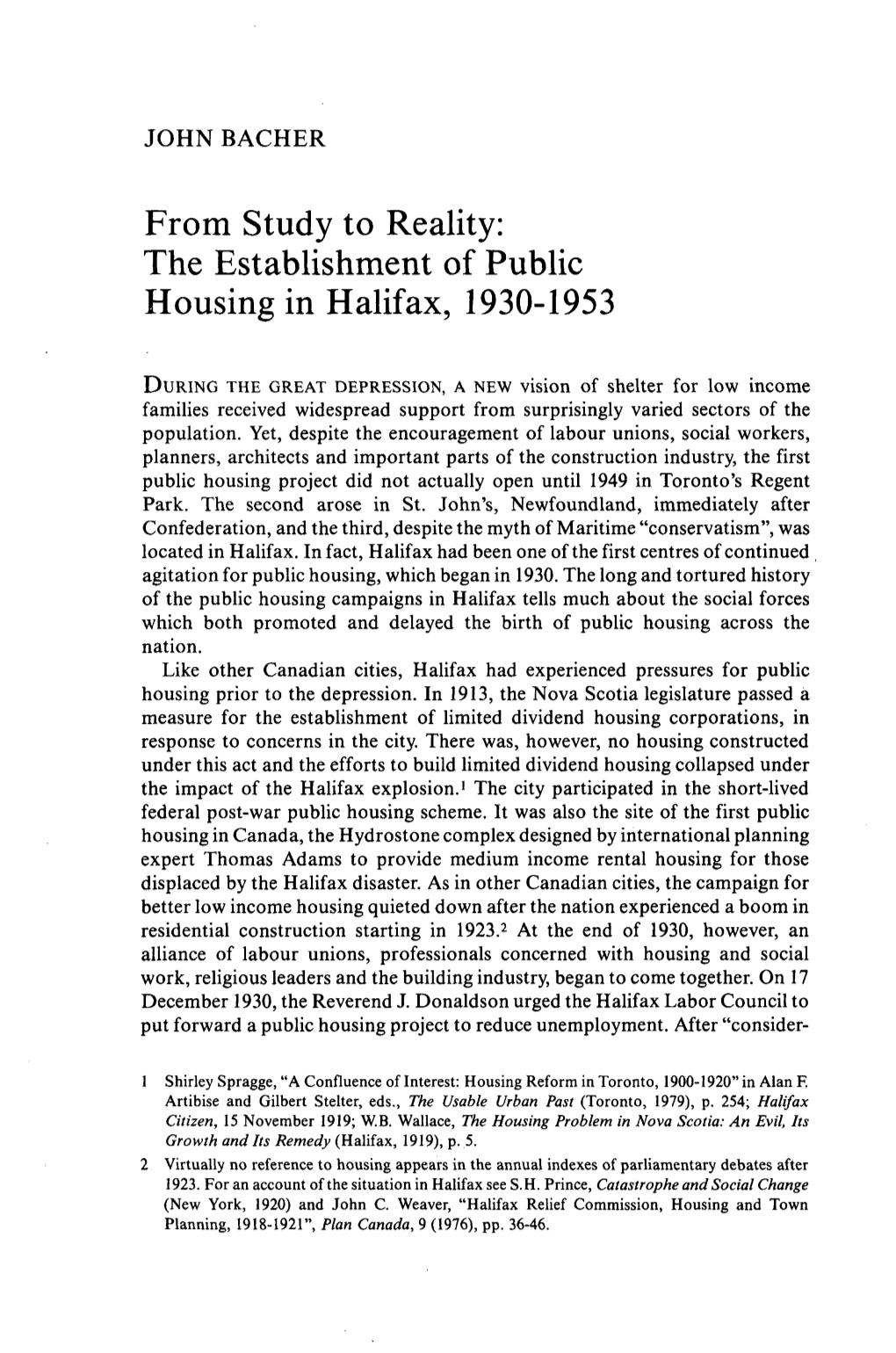 The Establishment of Public Housing in Halifax, 1930-1953