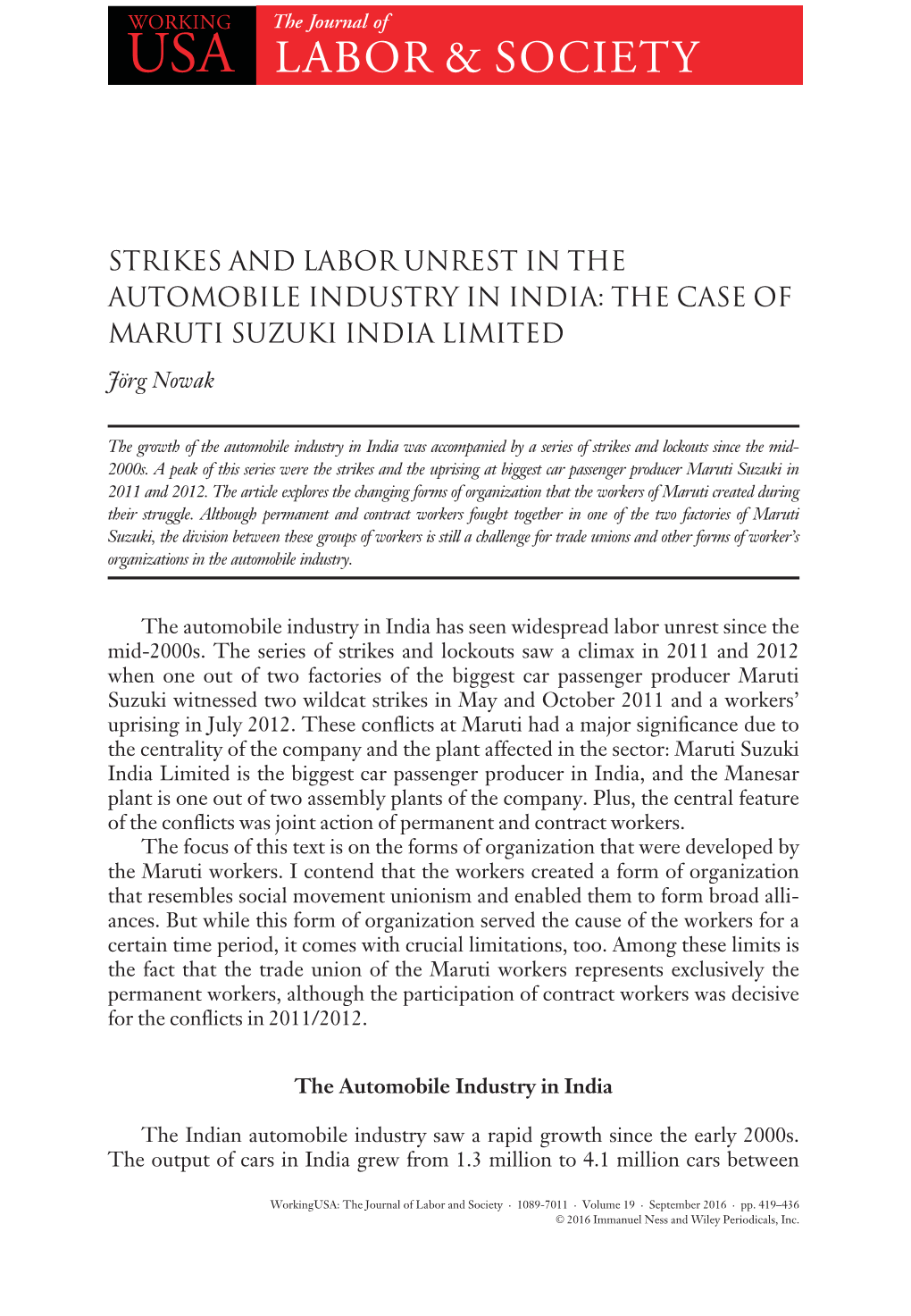 Strikes and Labor Unrest in the Automobile Industry in India: the Case of Maruti Suzuki India Limited