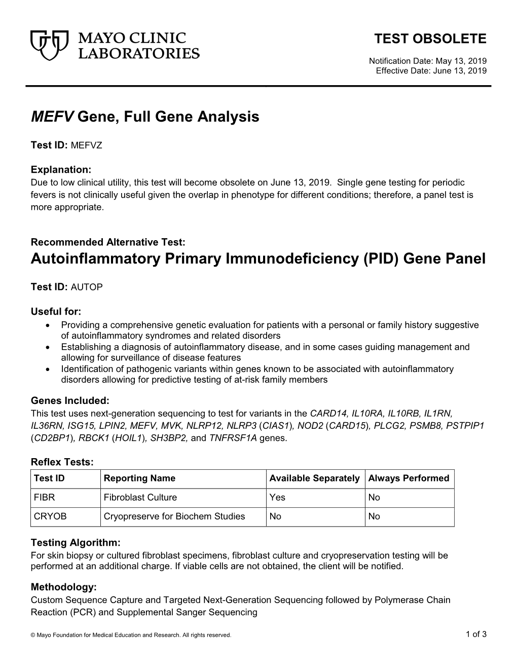 MEFV Gene, Full Gene Analysis Autoinflammatory Primary Immunodeficiency
