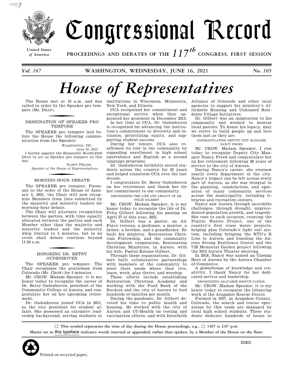 Congressional Record United States Th of America PROCEEDINGS and DEBATES of the 117 CONGRESS, FIRST SESSION